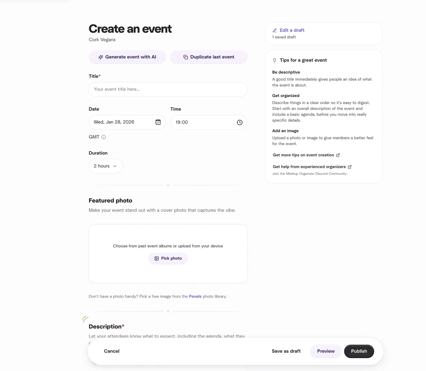 Create an event interface with event details, date and time fields, featured picture and description fields.