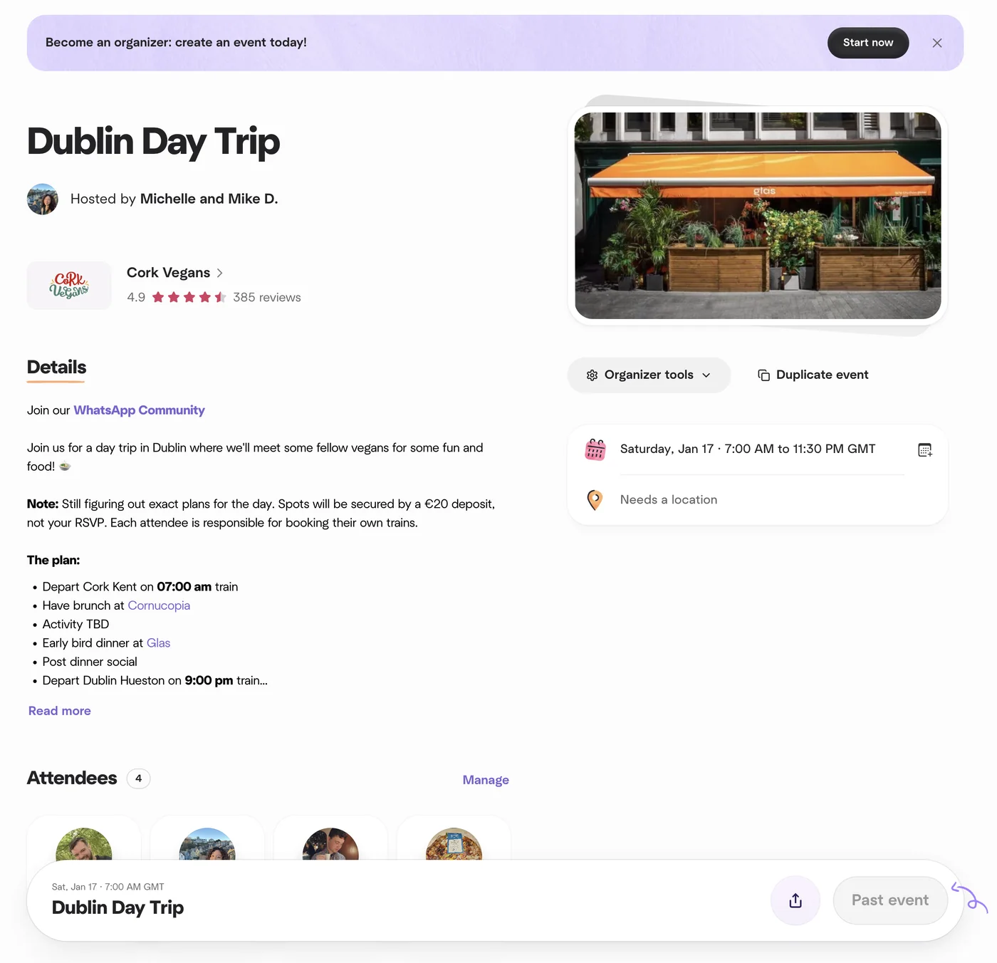 Employee-facing event detail concept with title, image, description, event information and attendee actions.