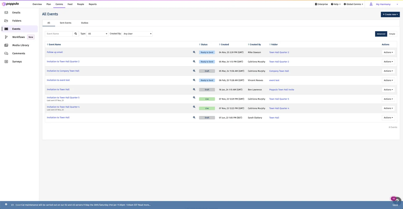 Events list interface showing rows of employee events and management controls.