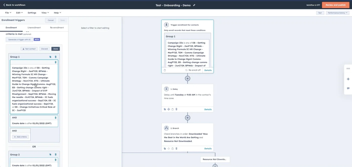 Workflow builder canvas with configuration panel and communication journey steps.