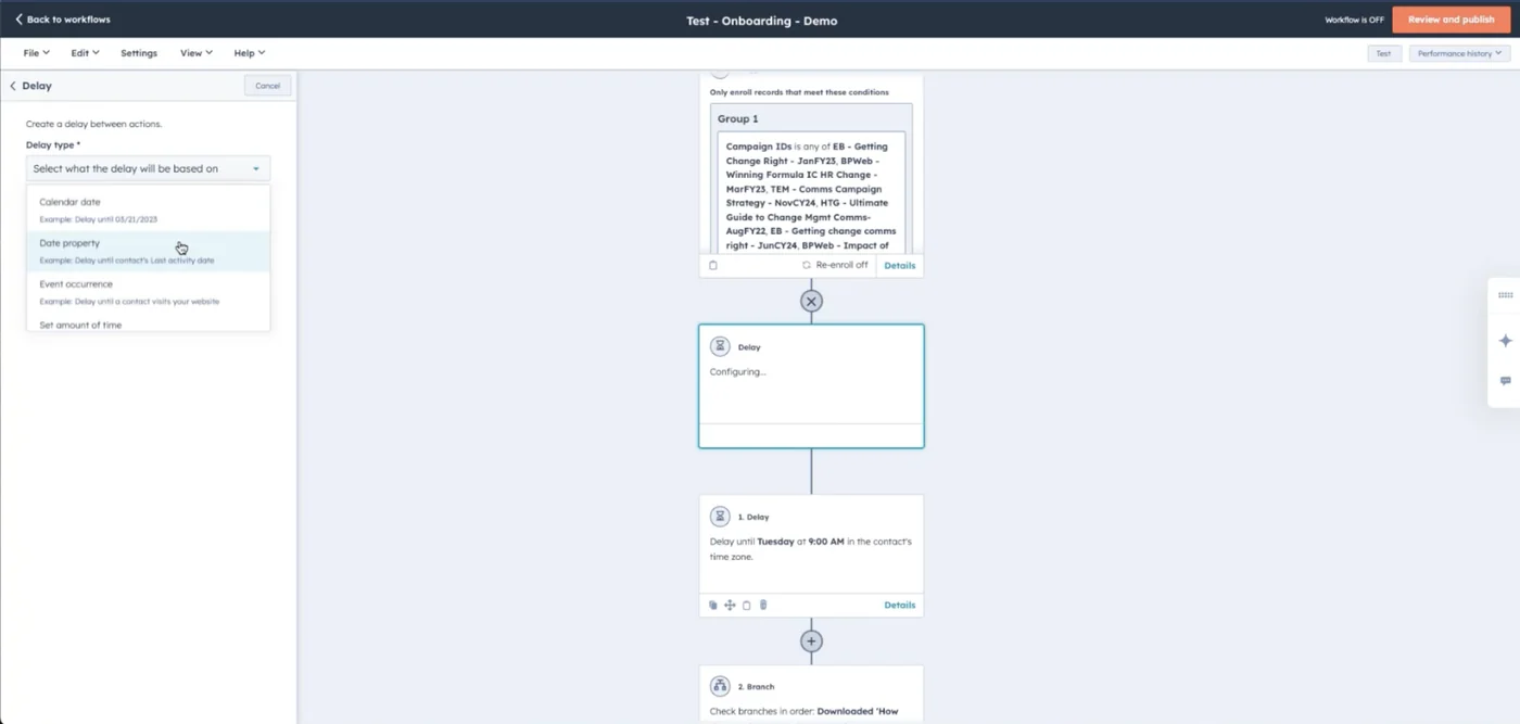 Workflow preview screen showing a sequence of communication steps and message cards.