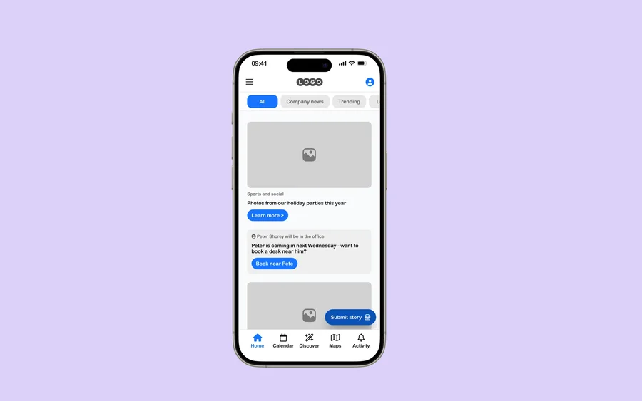 Figma board for the Employee app super app mid-fidelity concept testing project.