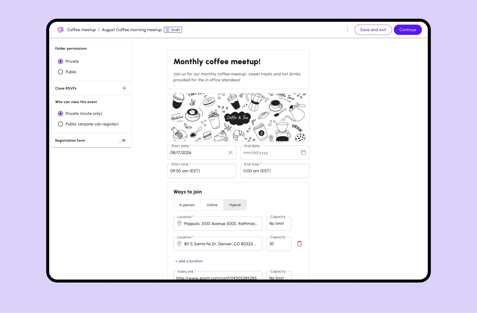 Figma board for the Events case study showing event creation and management screens.